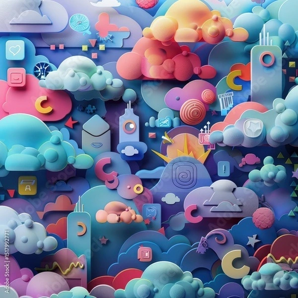 Fototapeta Social media-themed mobile wallpaper with colorful icon clouds, vibrant digital art for phones and devices, modern design for tech lovers and social network users. AI generated illustration.