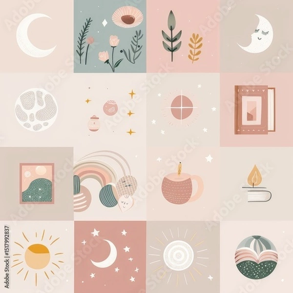 Fototapeta Boho pastel aesthetic story highlight icons set, minimalist and stylish digital design for social media profiles, perfect for branding and personal pages. AI generated illustration.
