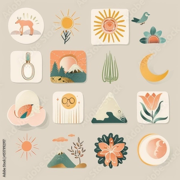 Fototapeta Boho pastel aesthetic story highlight icons set, minimalist and stylish digital design for social media profiles, perfect for branding and personal pages. AI generated illustration.