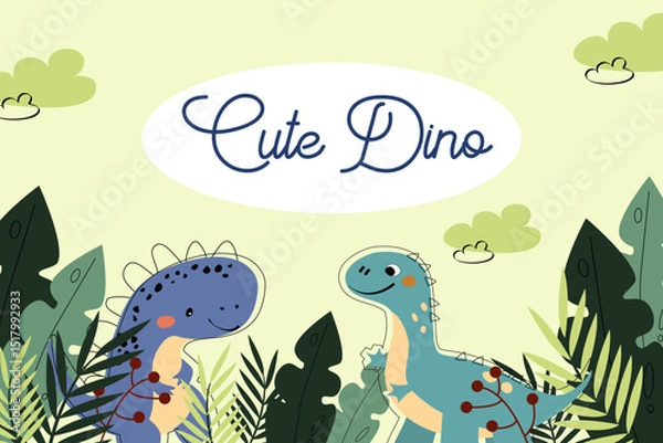 Fototapeta Dinosaur vector clipart. Children's set with cute dinosaurs and various elements. Dino baby colorful background