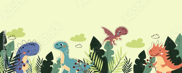 Fototapeta Dinosaur vector clipart. Children's set with cute dinosaurs and various elements. Dino baby colorful background