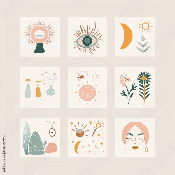 Fototapeta Boho pastel aesthetic story highlight icons set, minimalist and stylish digital design for social media profiles, perfect for branding and personal pages. AI generated illustration.