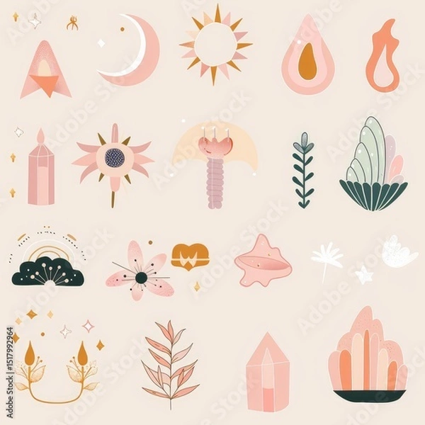 Fototapeta Boho pastel aesthetic story highlight icons set, minimalist and stylish digital design for social media profiles, perfect for branding and personal pages. AI generated illustration.