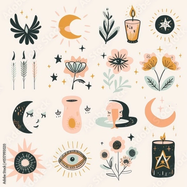 Fototapeta Boho pastel aesthetic story highlight icons set, minimalist and stylish digital design for social media profiles, perfect for branding and personal pages. AI generated illustration.