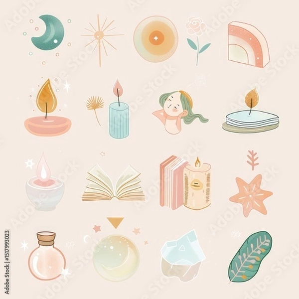 Fototapeta Boho pastel aesthetic story highlight icons set, minimalist and stylish digital design for social media profiles, perfect for branding and personal pages. AI generated illustration.