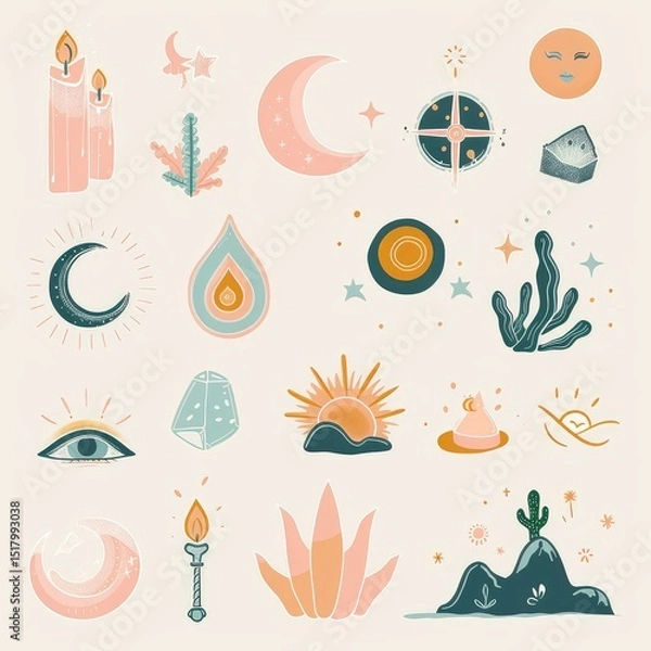 Fototapeta Boho pastel aesthetic story highlight icons set, minimalist and stylish digital design for social media profiles, perfect for branding and personal pages. AI generated illustration.
