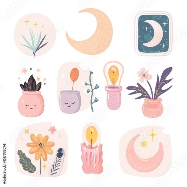 Fototapeta Boho pastel aesthetic story highlight icons set, minimalist and stylish digital design for social media profiles, perfect for branding and personal pages. AI generated illustration.