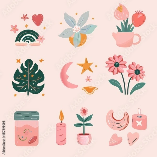 Fototapeta Boho pastel aesthetic story highlight icons set, minimalist and stylish digital design for social media profiles, perfect for branding and personal pages. AI generated illustration.