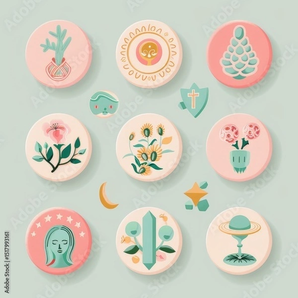 Fototapeta Boho pastel aesthetic story highlight icons set, minimalist and stylish digital design for social media profiles, perfect for branding and personal pages. AI generated illustration.