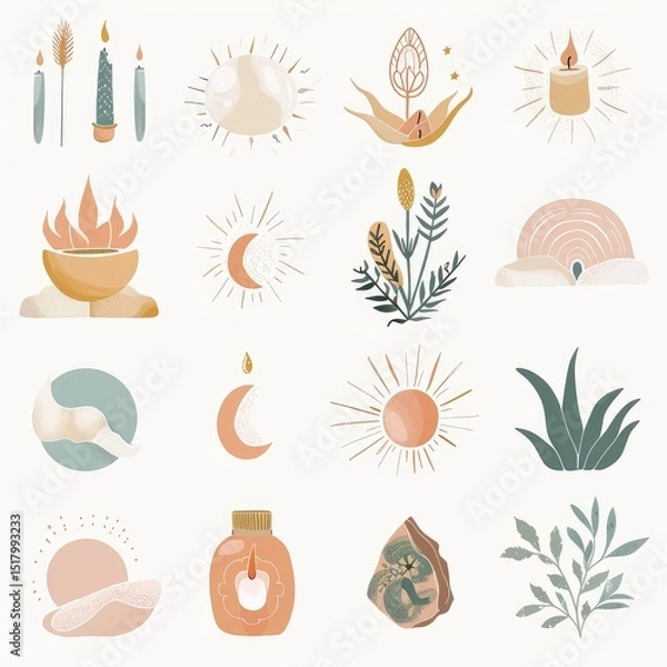 Fototapeta Boho pastel aesthetic story highlight icons set, minimalist and stylish digital design for social media profiles, perfect for branding and personal pages. AI generated illustration.