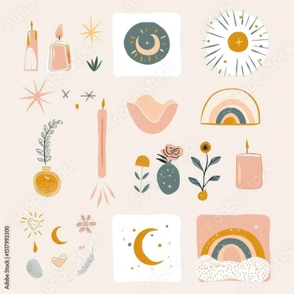 Fototapeta Boho pastel aesthetic story highlight icons set, minimalist and stylish digital design for social media profiles, perfect for branding and personal pages. AI generated illustration.
