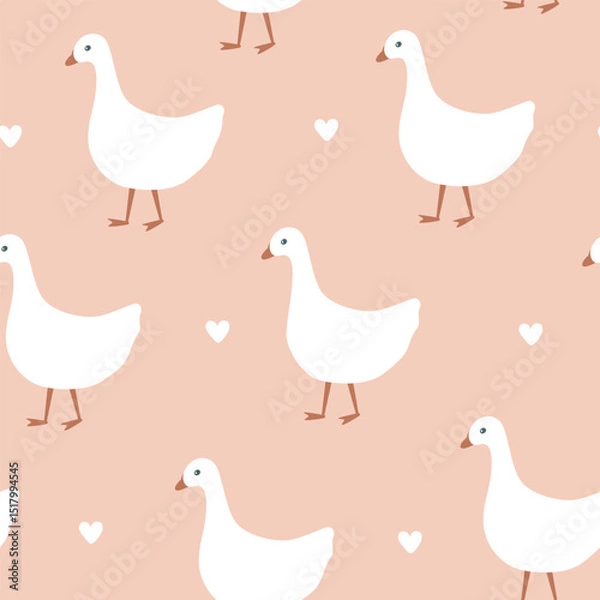 Fototapeta Cute and delicate seamless nursery pattern with geese and hearts. Pink background. Vector illustration.