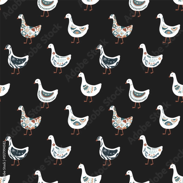 Fototapeta Cute abstract painted cartoon geese seamless pattern. Doodle patterned goose collection. Rustic, nursery, folk, or Scandinavian style. Vector background