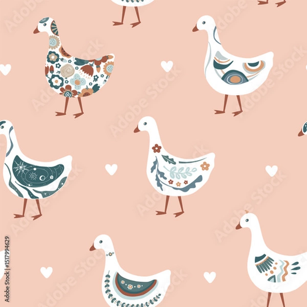 Fototapeta Cute abstract painted cartoon geese seamless pattern. Doodle patterned goose collection. Rustic, nursery, folk, or Scandinavian style. Vector background.
