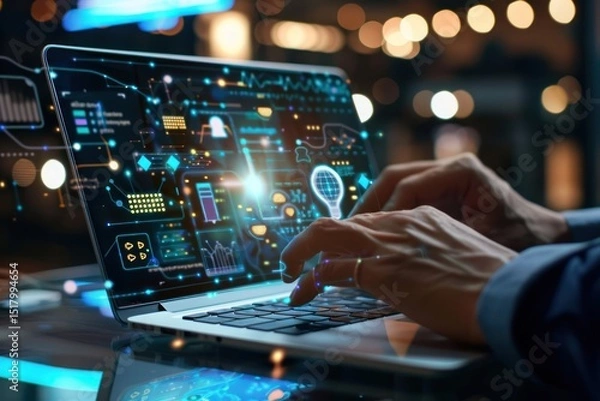 Fototapeta Businessman using laptop to access artificial intelligence, Ai, closeup shot