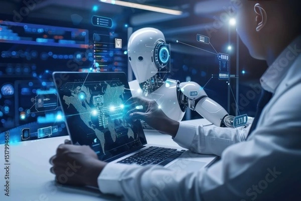 Fototapeta Businessman using laptop to access artificial intelligence, Ai, closeup shot