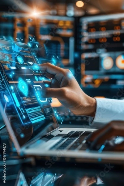 Fototapeta Businessman using laptop to access artificial intelligence, Ai, closeup shot