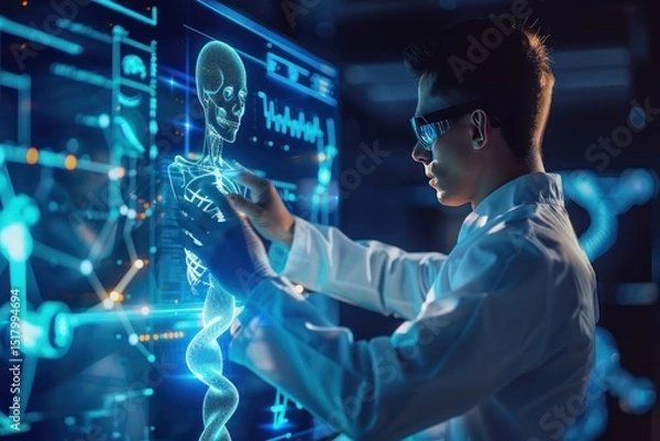Fototapeta Ai, Artificial intelligence, Physician And Patient Examine A Holographic Dna Model, Chatbots