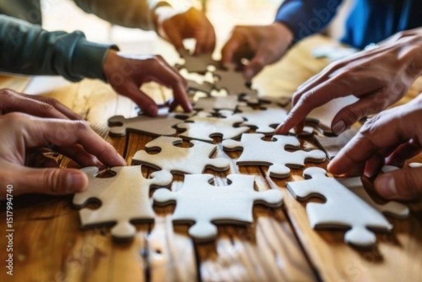 Fototapeta Hands join puzzle pieces,  putting the jigsaws team together, business concept