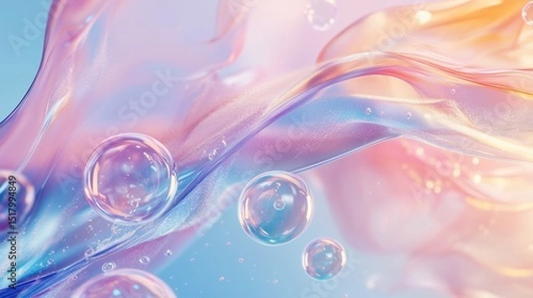 Fototapeta Abstract scene featuring soft pastel-colored waves of translucent, fluid-like forms interwoven with floating soap bubbles. The color palette consists of pink, purple, blue, and gold colors.