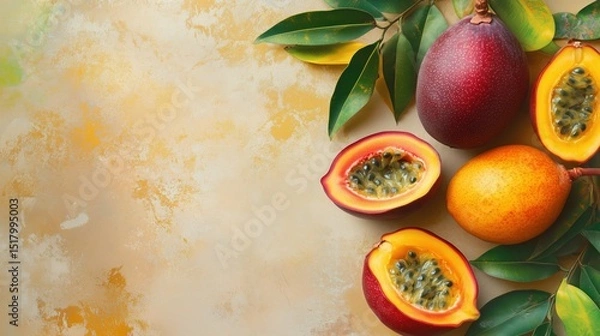 Fototapeta A selection of vibrant passion fruits, both whole and halved, arranged on a beige, textured background with empty space.