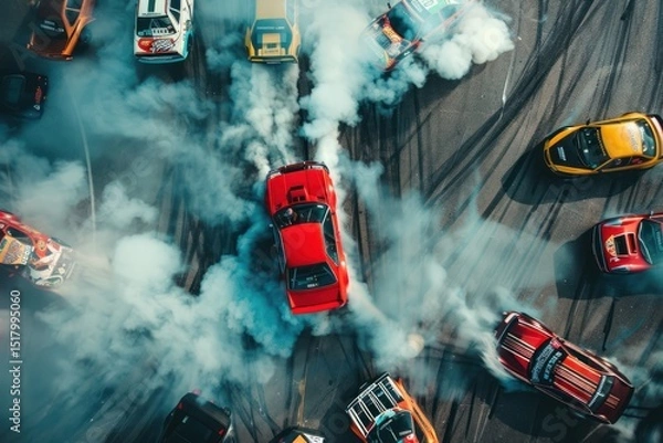 Fototapeta top view of driver drifting car