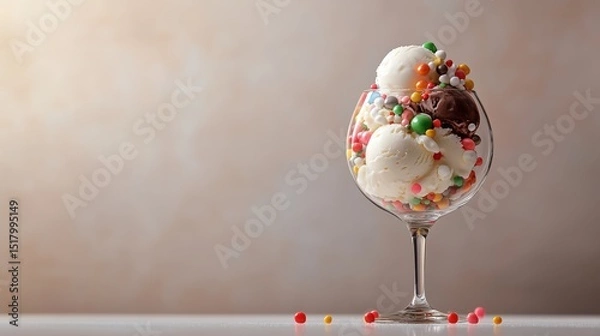 Fototapeta A clear wine glass filled with scoops of vanilla and chocolate ice cream, adorned with an assortment of colorful candy decorations on the beige background.