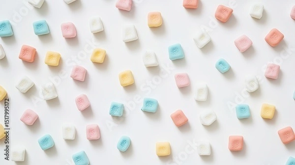 Fototapeta A collection of pastel-colored marshmallows scattered randomly on a white surface.