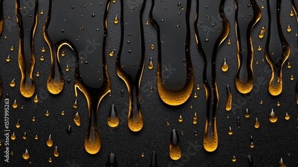 Fototapeta A background featuring dark, glossy drips and droplets of what appears to be a viscous yellow liquid, such as oil or honey, against a matte black textured surface.
