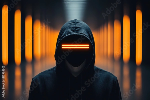 Fototapeta A mysterious figure in a dark hoodie stands in a futuristic corridor, illuminated by vibrant orange lights.