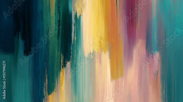 Fototapeta Abstract art, textured vertical brushstrokes in teal, gold, and rose hues create a vibrant, dynamic composition suitable for diverse design applications