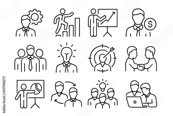 Fototapeta Business Icons: A collection of versatile business icons, perfect for various applications, showcasing a variety of business-related concepts and actions, such as teamwork, presentation.