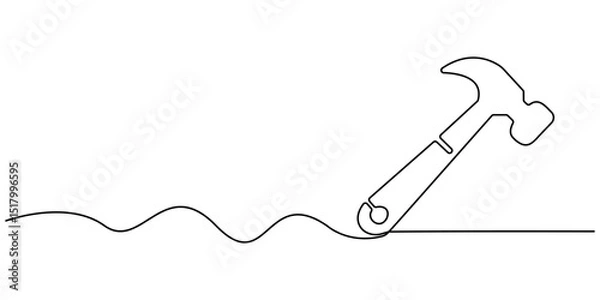 Obraz Continuous single one line drawing of hammer construction handyman tool and judge law vector illustration, Hammer one continuous single line art drawing, One line drawing of judge hammer law symbol.