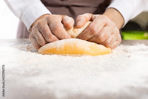 Obraz Baking concept. Caucasian female hands kneading the dough.