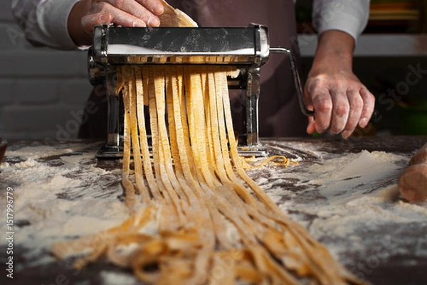 Obraz Caucasian female hands making fettuccine noodles using mechanical pasta machine