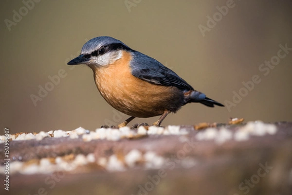 Fototapeta Nuthatch standing on edge of wall in evening sunlight
