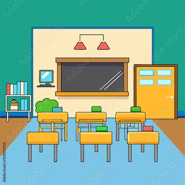Fototapeta Cartoon illustration of an empty classroom with desks and a blackboard