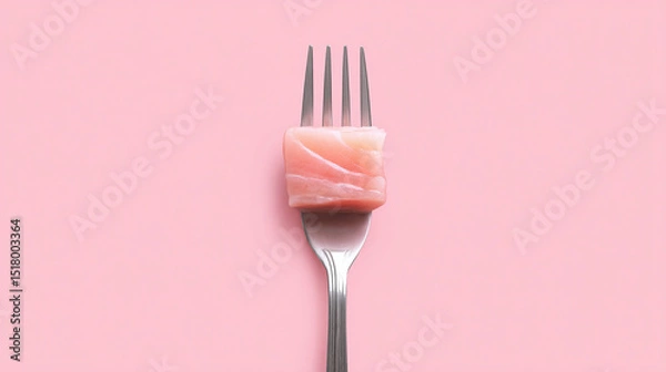 Fototapeta Single cube of raw pink fish on stainless fork over pastel pink background, minimal seafood concept for healthy cuisine or sushi design template
