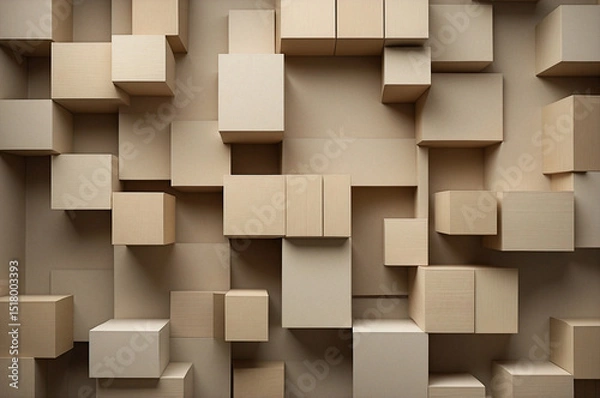 Obraz Abstract Geometric Wooden Squares in 3D Overlapping Pattern, Soft Neutral Tones with Depth and Texture
