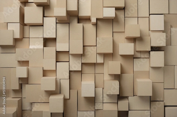Fototapeta Abstract Geometric Wooden Squares in 3D Overlapping Pattern, Soft Neutral Tones with Depth and Texture