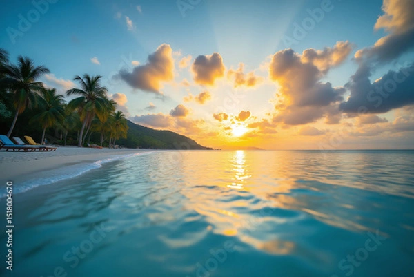 Fototapeta blurry image of a beach with palm trees and lounge chairs