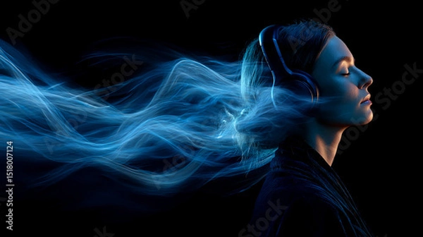 Obraz Woman wearing headphones, blue light trails flowing from her hair, symbolic of immersive music experience, relaxation, and tranquility