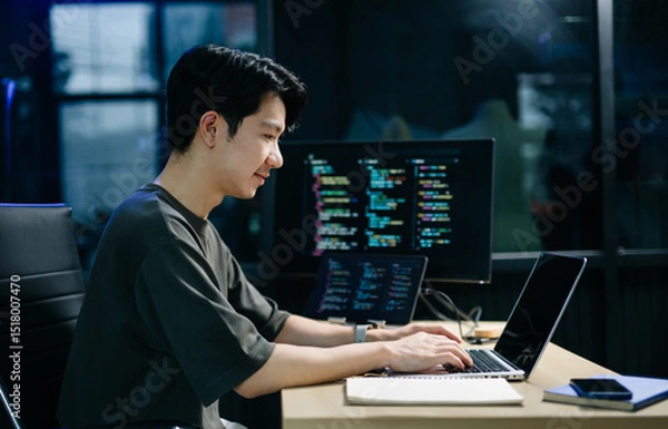 Obraz Asian developer writing code at night in modern office setup. Concept of software engineering, programming, digital workspace