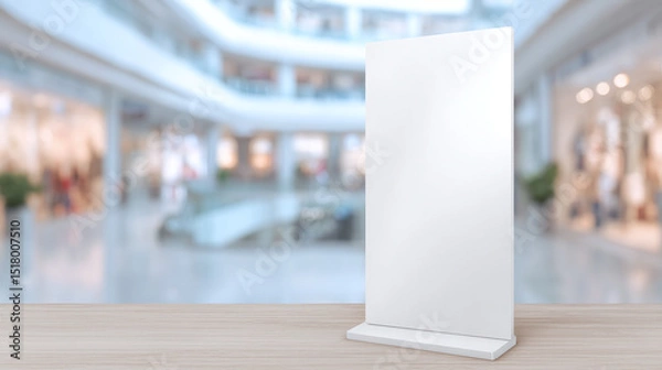 Fototapeta Vertical white advertising mockup stand in shopping mall interior, clean blank display for branding or commercial design with soft blur background