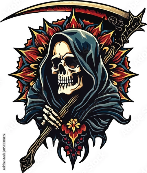 Obraz Grim Reaper Tattoo Art Design with Mandala Art Concept – Perfect for Tattoo, T-Shirt Design, Print, Wall Art, Poster or Digital Stickers. Editable vector