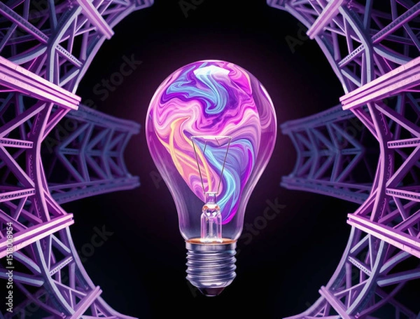 Fototapeta Light bulb with neon lights, abstract glowing background, digital illustration, Ai generated image 