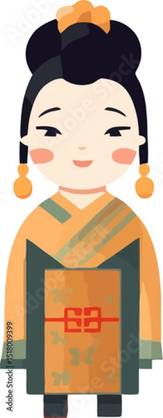 Obraz Chinese woman in traditional dress with colorful accessories standing against a plain background