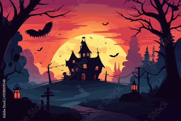 Obraz Haunted mansion silhouette under a vibrant sunset with bats flying and trees lining the path