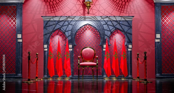Obraz red king armchair between moroccan flags and golden vip barrieres