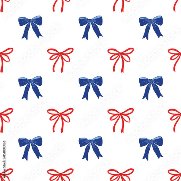 Fototapeta Whimsical bows seamless pattern in red and blue on white background. 